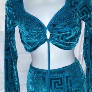 Teal Velvet Geometric Crop Top and Skirt Set